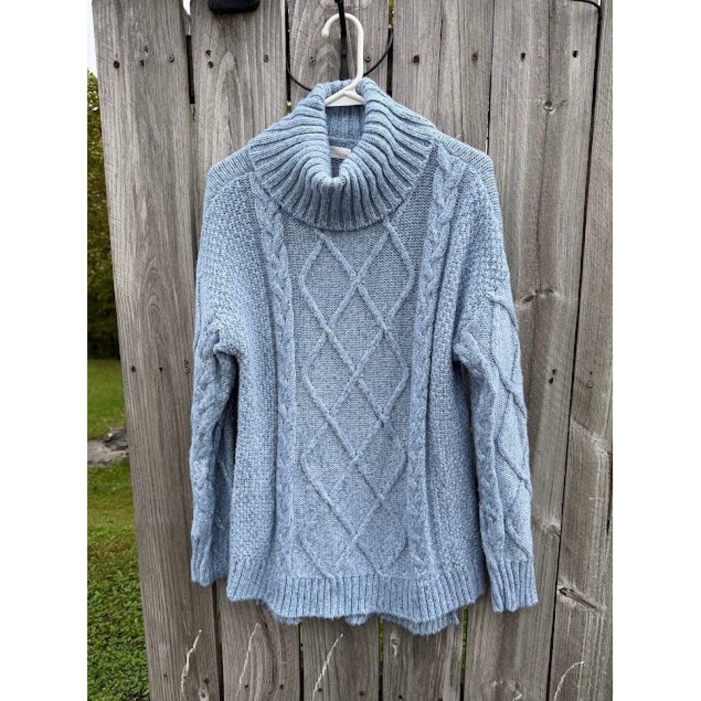 Cozy Cable Knit LC Lauren Conrad Sweater M Blue Metallic Turtleneck Pullover